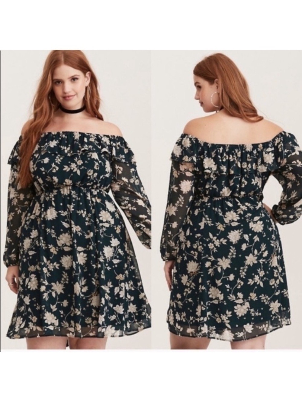 TORRID Floral Chiffon Off The Shoulder Skater Dress in Green